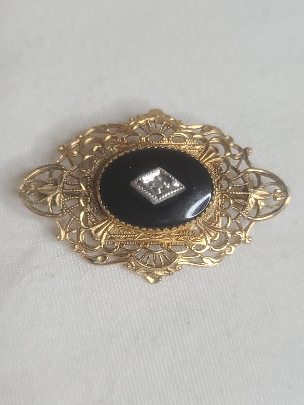 Vintage Victorian Style 14k Gold Filled Black Onyx Diamond Filigree Brooch